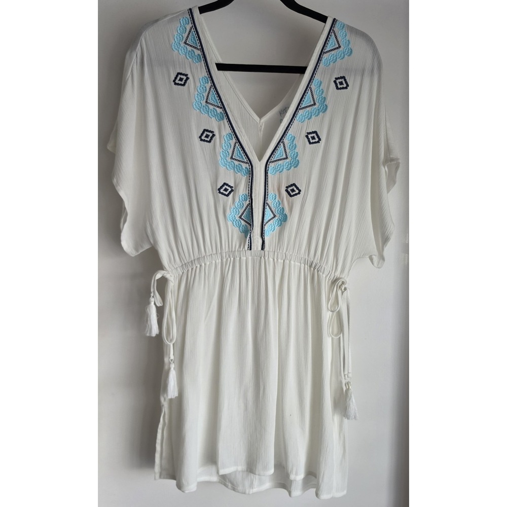 NWT Kona Sol White Mini Dress Women's S Coastal Kaftan Cover Up Embroidery